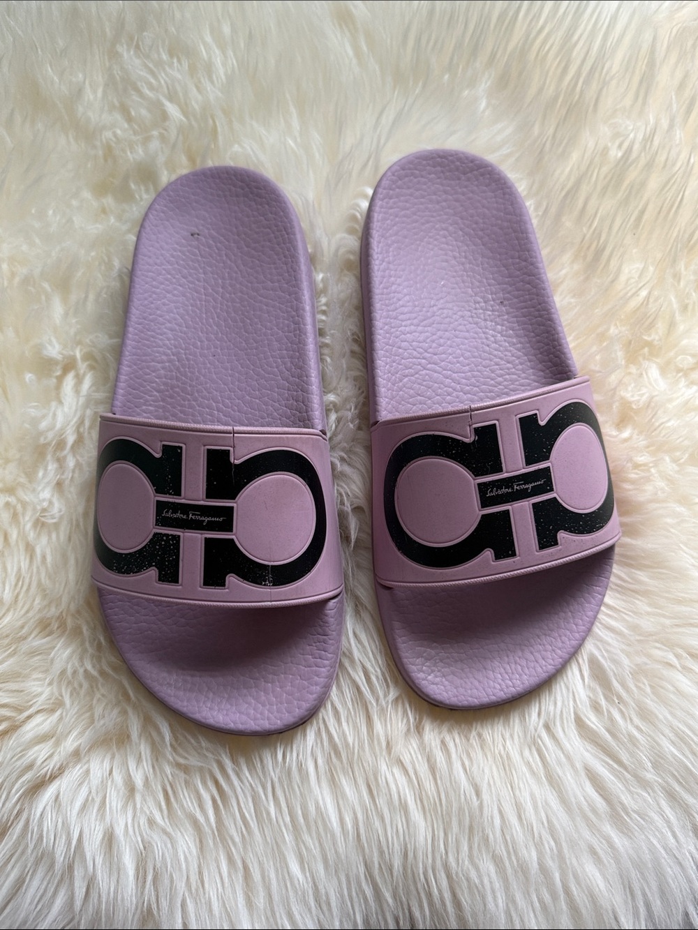 Salvatore Ferragamo Light Pink Slide Sandals with Black Gancini